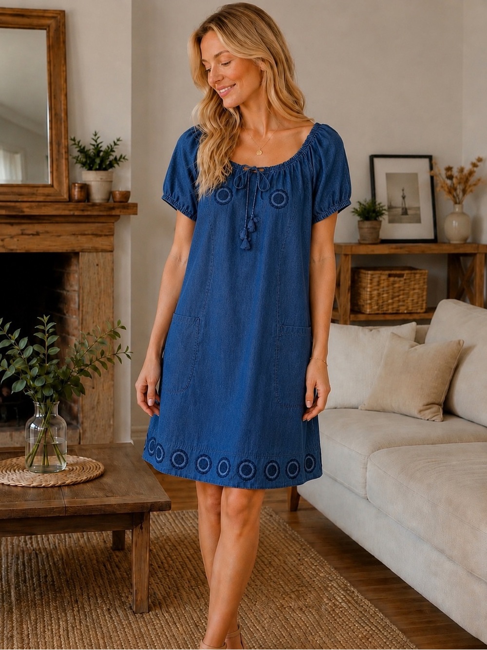 Dress Bensimon blue M tassels pit to pit 21.5